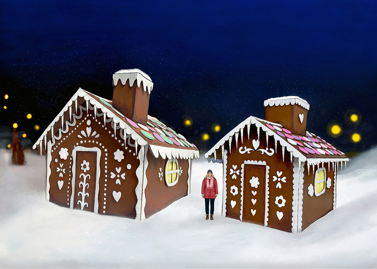 Havainnekuva piparkakkutaloista Joulupukinpajakylässä, jossa ihminen mittasuhteiden hahmottamiseksi.