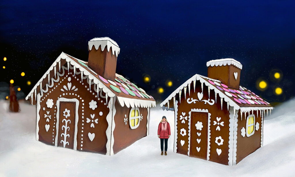 Illustrations of gingerbread houses with a person for scale in Santa Claus Village.