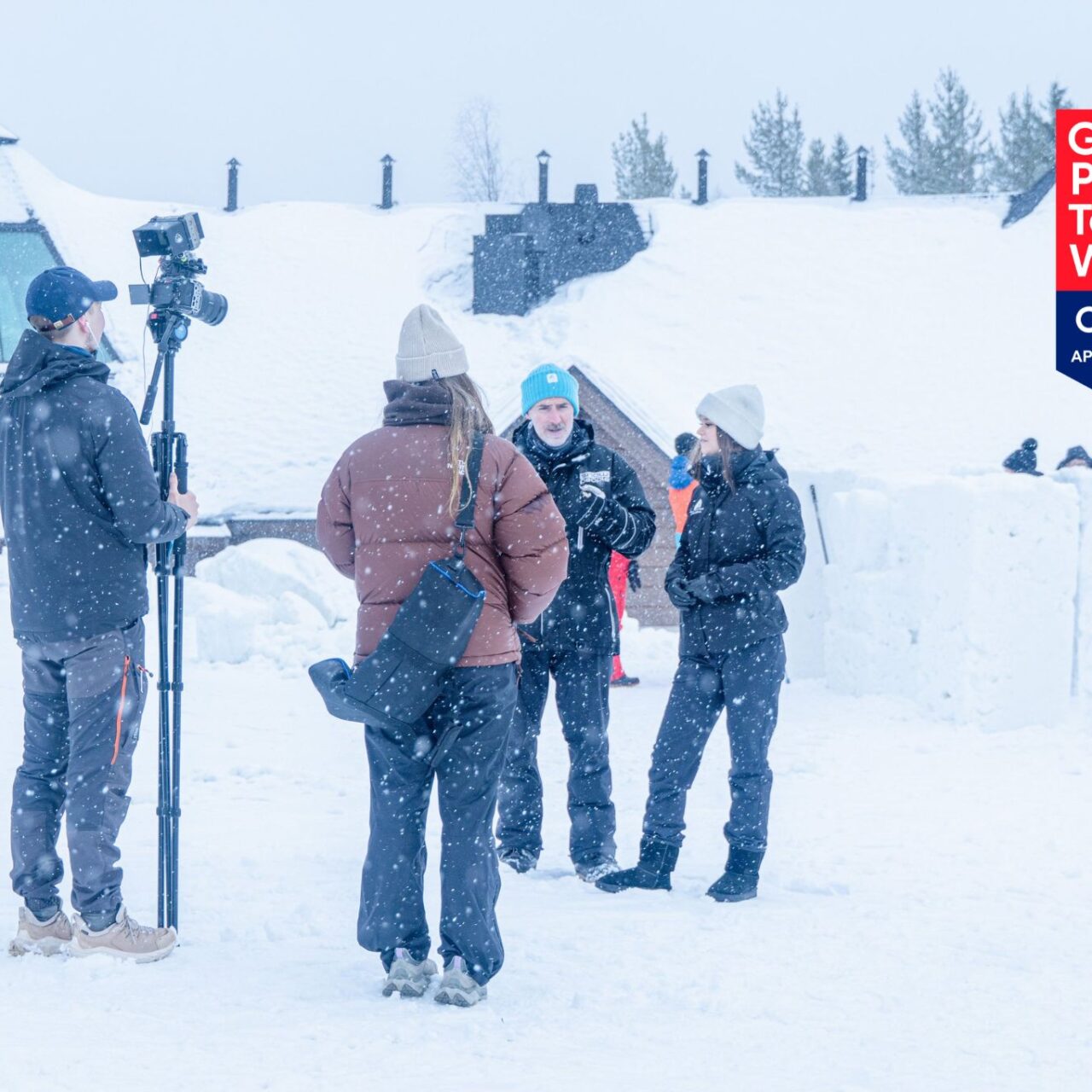 Snowhotel Family team members outdoors in a winter setting during a filming day at Lehtojärvi.