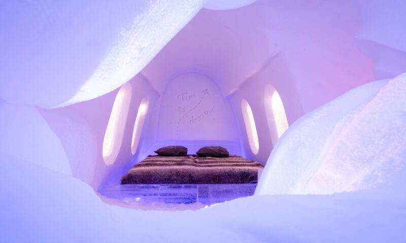SnowHotel room made of snow and ice at Arctic SnowHotel & Glass Igloos.