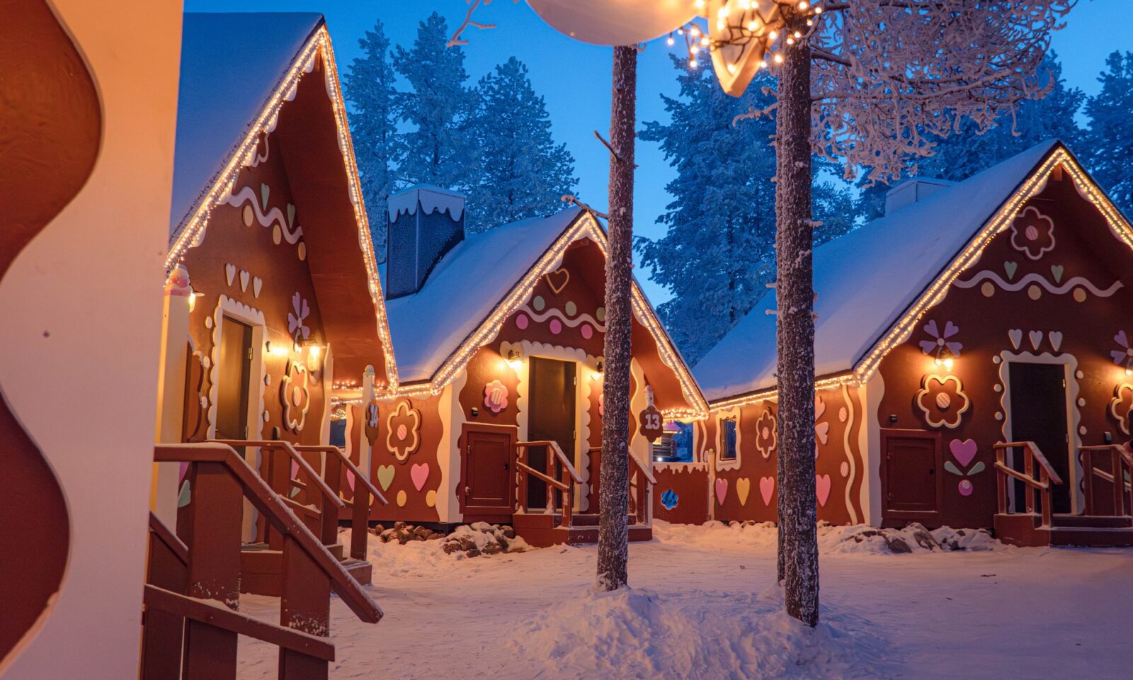 Gingerbread cabins in winter at Santa Claus Village