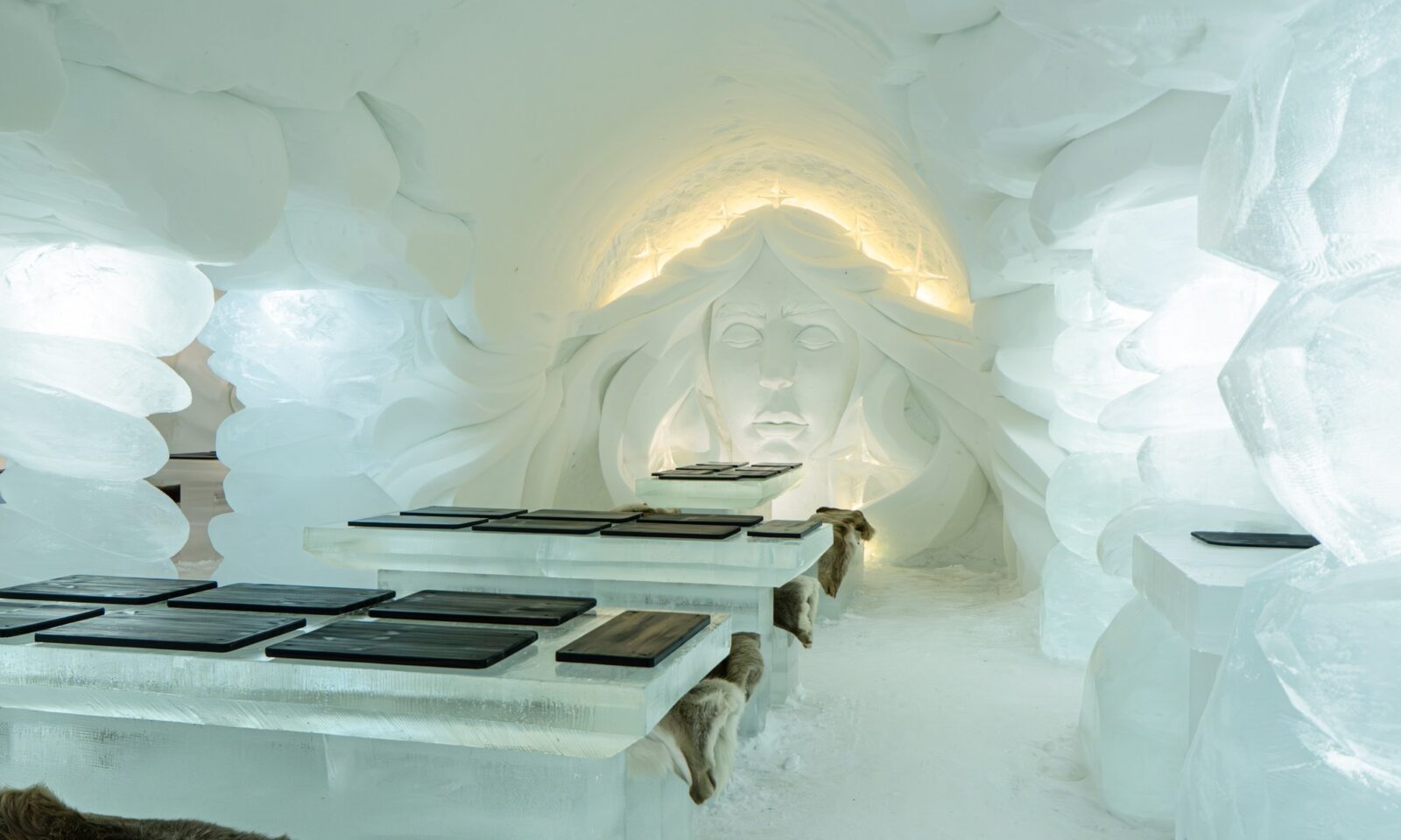 Snow and ice sculptures in Ice restaurant inside Arctic SnowHotel.