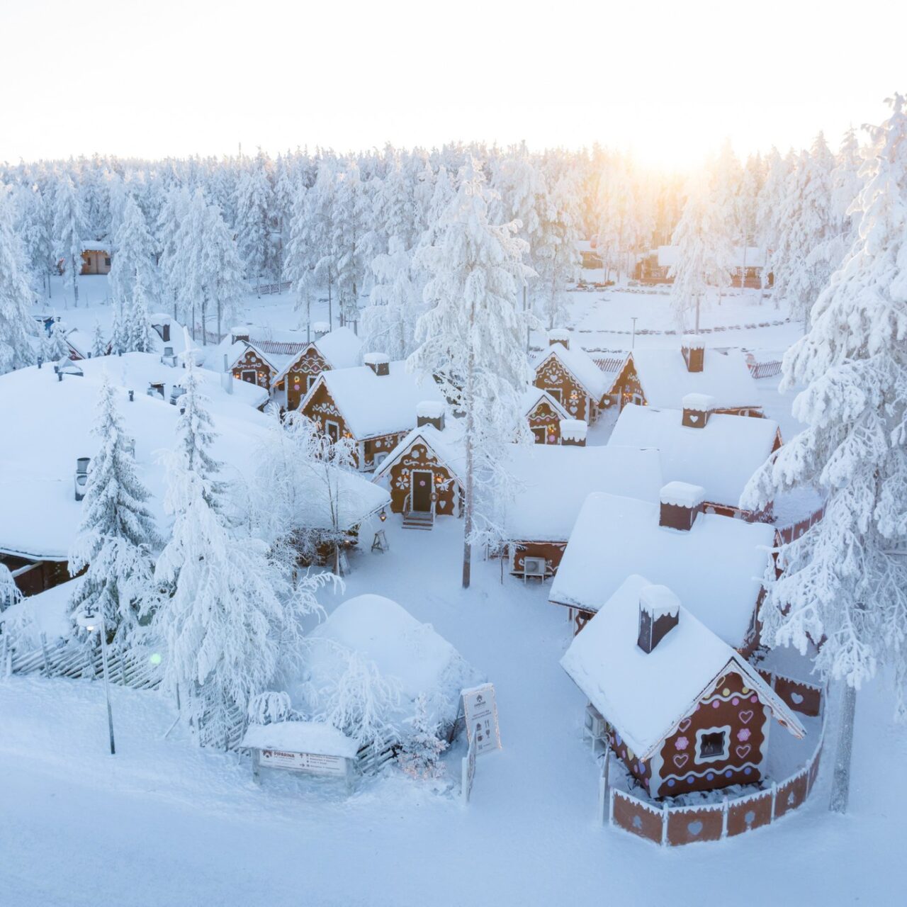 Aerial view of the gingerbread cabins at Piparina Day Cabins & Dining.