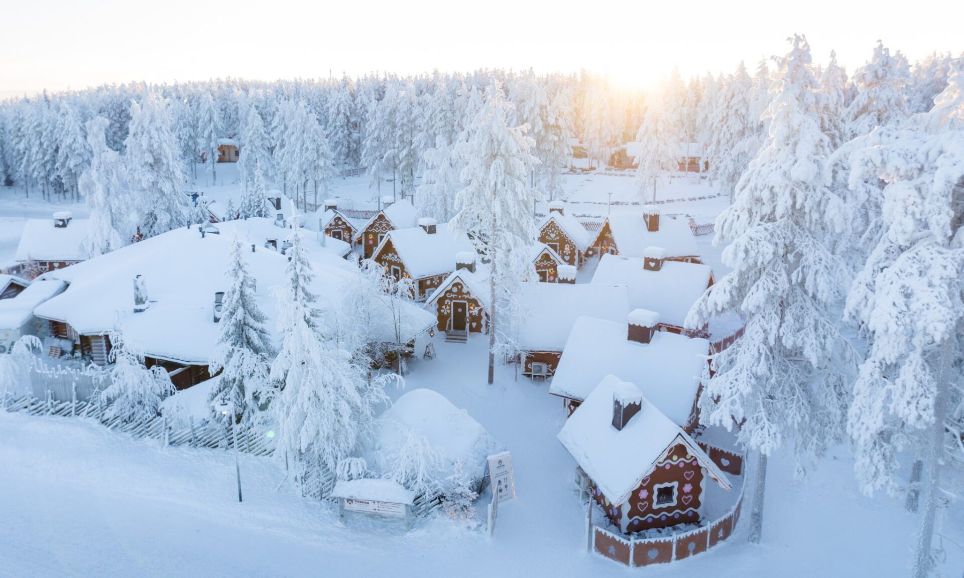 Aerial view of the gingerbread cabins at Piparina Day Cabins & Dining.